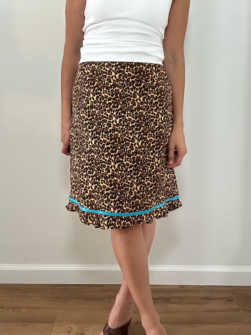 Vintage 90’s Leopard Print Ruffle Hem Pencil Skirt Turquoise Trim Size S